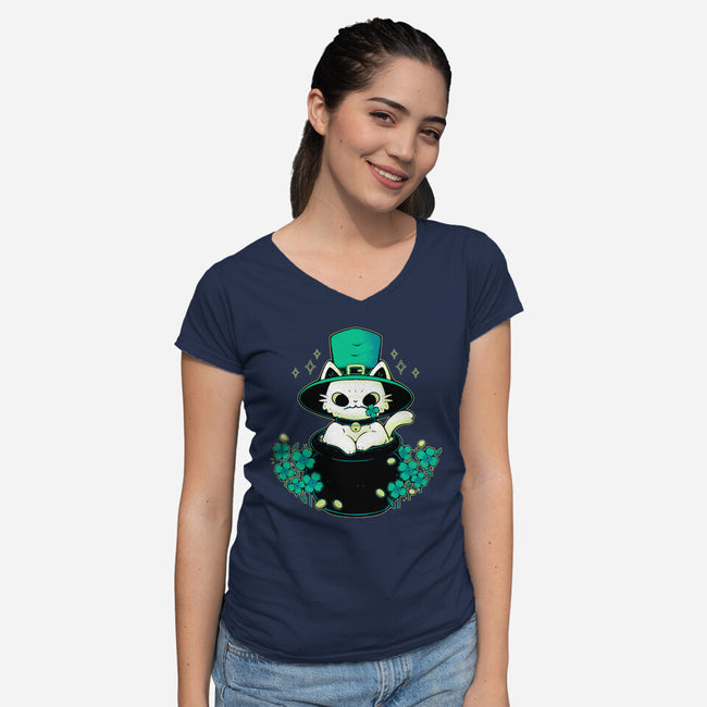 Cute St Patrick Cat-Womens-V-Neck-Tee-xMorfina