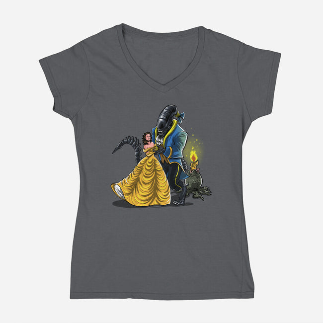 Beauty And The Alien-Womens-V-Neck-Tee-zascanauta