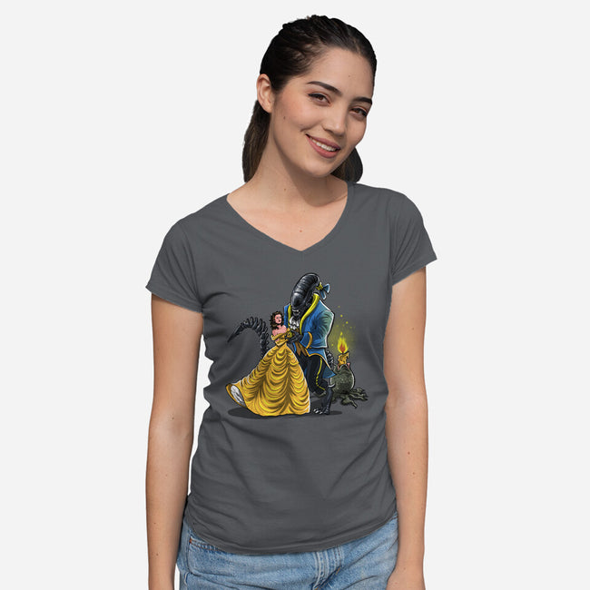 Beauty And The Alien-Womens-V-Neck-Tee-zascanauta