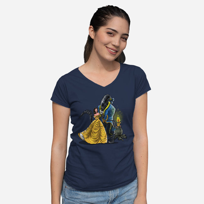 Beauty And The Alien-Womens-V-Neck-Tee-zascanauta