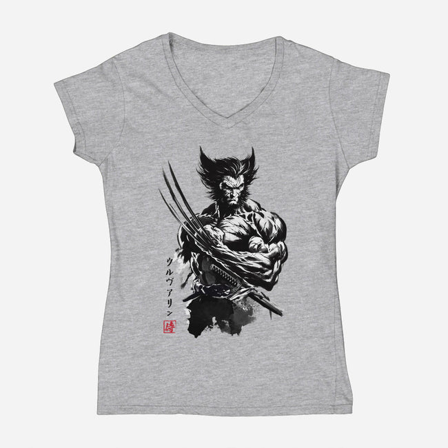 Mutant Samurai Sumi-e-Womens-V-Neck-Tee-DrMonekers