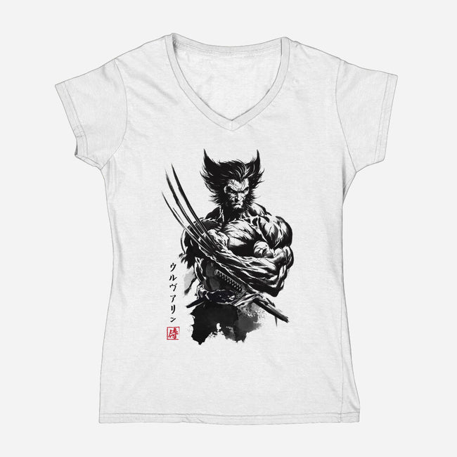 Mutant Samurai Sumi-e-Womens-V-Neck-Tee-DrMonekers