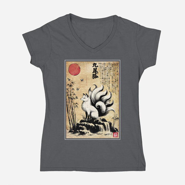 Kitsune Woodblock-Womens-V-Neck-Tee-DrMonekers