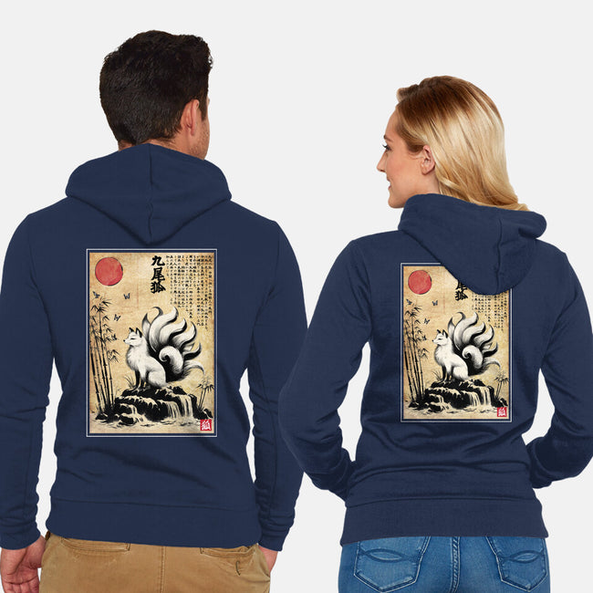 Kitsune Woodblock-Unisex-Zip-Up-Sweatshirt-DrMonekers