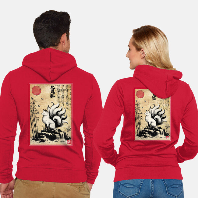 Kitsune Woodblock-Unisex-Zip-Up-Sweatshirt-DrMonekers