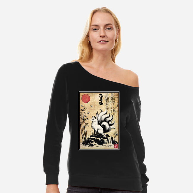 Kitsune Woodblock-Womens-Off Shoulder-Sweatshirt-DrMonekers