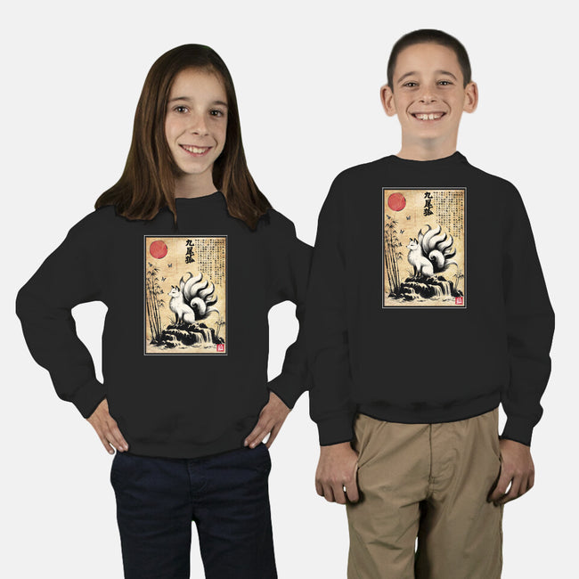 Kitsune Woodblock-Youth-Crew Neck-Sweatshirt-DrMonekers