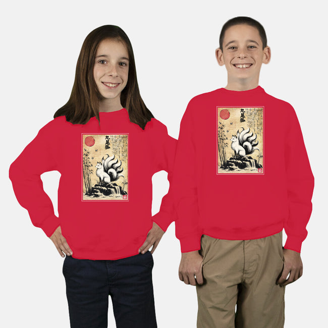 Kitsune Woodblock-Youth-Crew Neck-Sweatshirt-DrMonekers