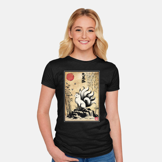 Kitsune Woodblock-Womens-Fitted-Tee-DrMonekers