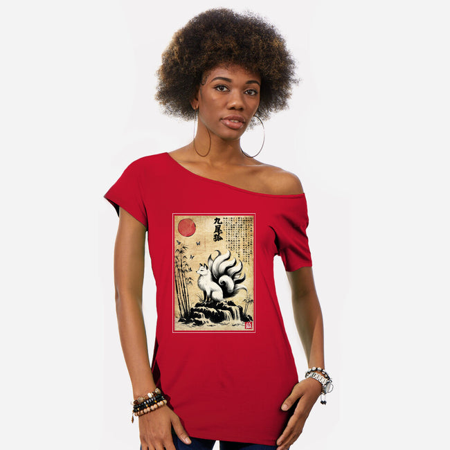 Kitsune Woodblock-Womens-Off Shoulder-Tee-DrMonekers