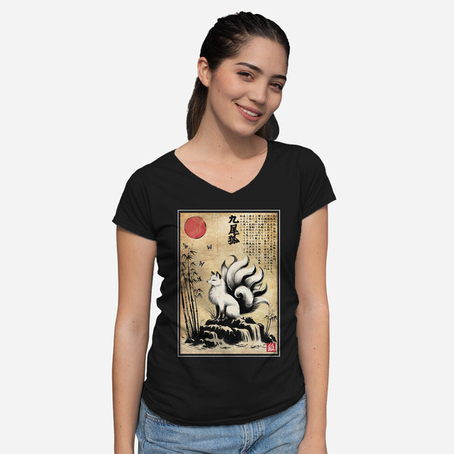 Kitsune Woodblock-Womens-V-Neck-Tee-DrMonekers