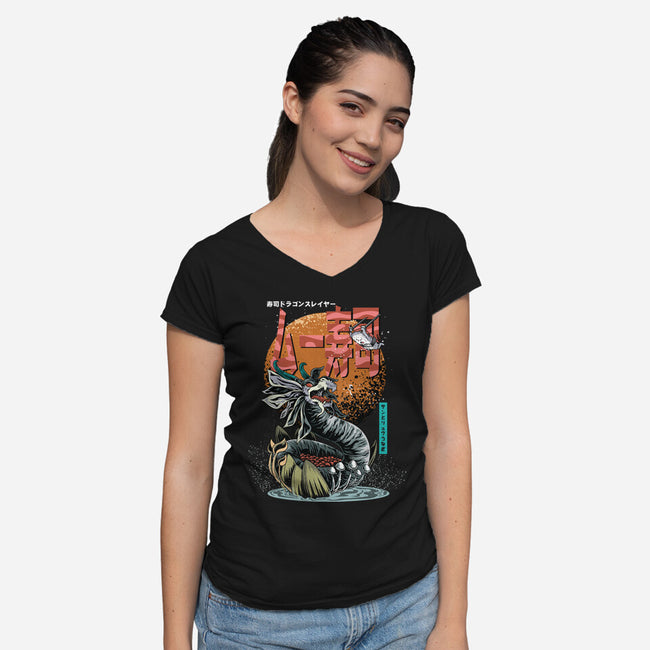 Dragon Sushi Slayer-Womens-V-Neck-Tee-Kladenko