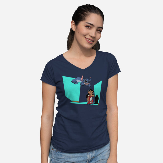 Alien And Girl-Womens-V-Neck-Tee-zascanauta