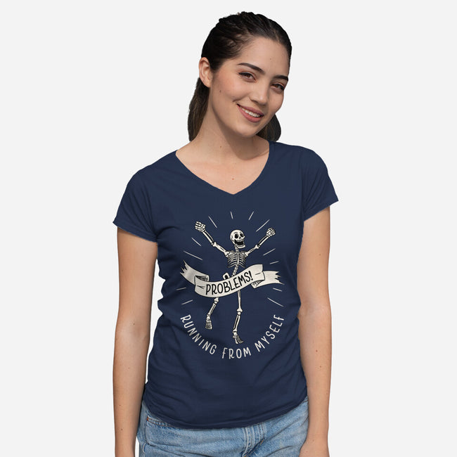 Running From Myself Skeleton-Womens-V-Neck-Tee-tobefonseca