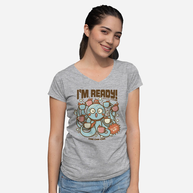 I'm Ready Coffee Octopus-Womens-V-Neck-Tee-tobefonseca