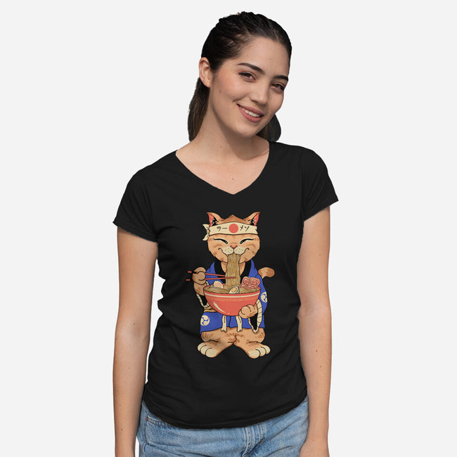 Ramen Meowster Standing-Womens-V-Neck-Tee-vp021