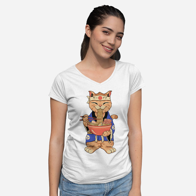 Ramen Meowster Standing-Womens-V-Neck-Tee-vp021