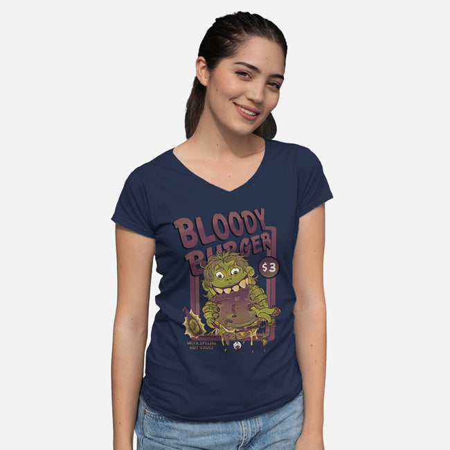 Burger Monster-Womens-V-Neck-Tee-MeanMonkey