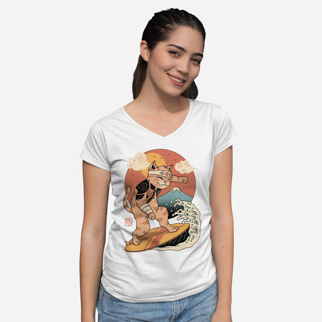 Meowster Surfer-Womens-V-Neck-Tee-vp021