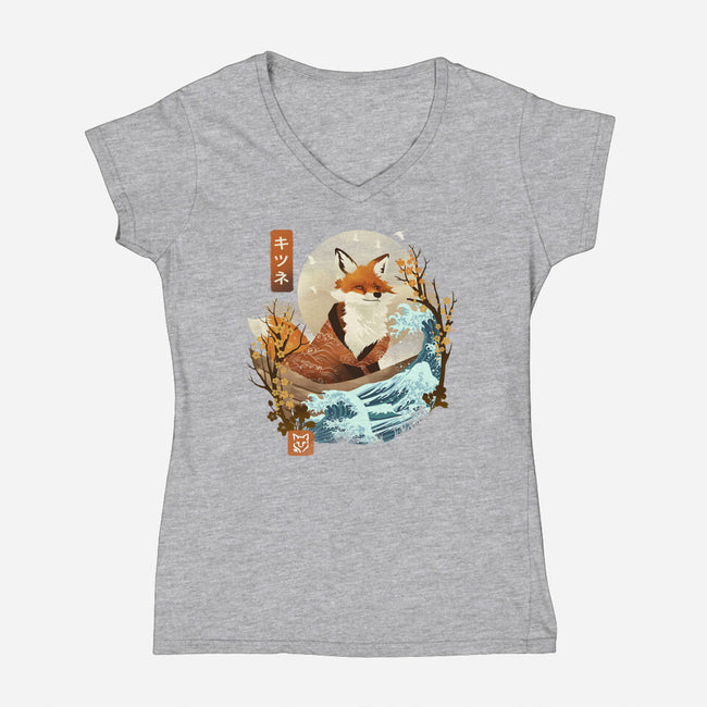 The Great Wave Fox-Womens-V-Neck-Tee-dandingeroz