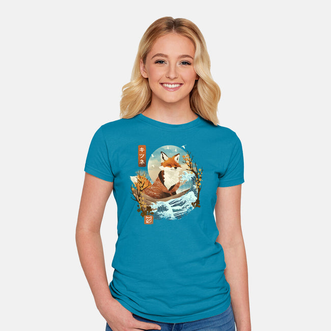 The Great Wave Fox-Womens-Fitted-Tee-dandingeroz