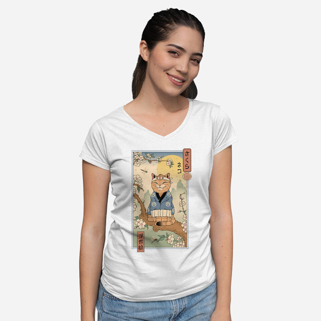 Meowster In Sakura Branch-Womens-V-Neck-Tee-vp021