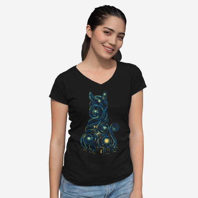 Rooftop Cat-Womens-V-Neck-Tee-sebasebi