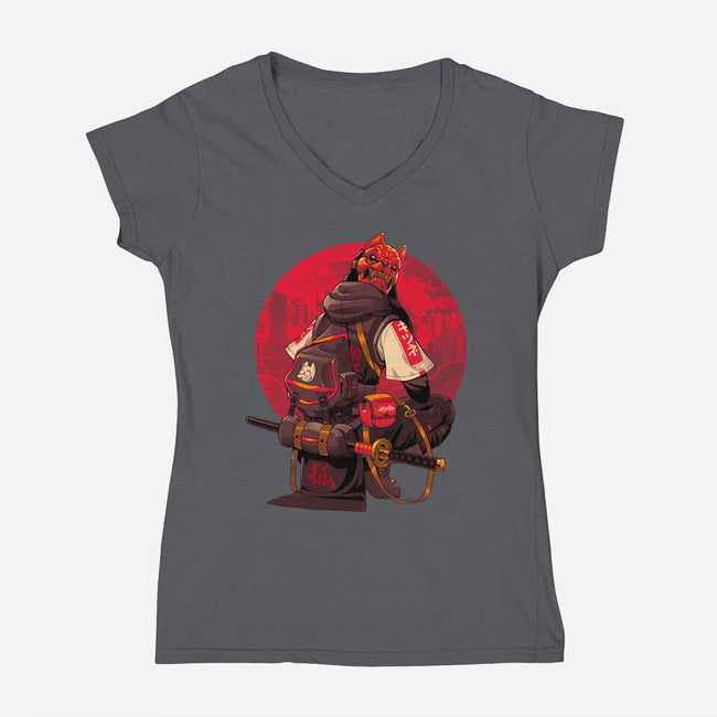 Red Kitsune Samurai-Womens-V-Neck-Tee-Bruno Mota