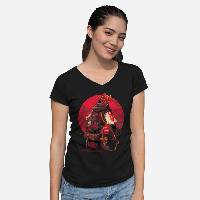 Red Kitsune Samurai-Womens-V-Neck-Tee-Bruno Mota