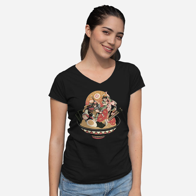 Noodle Fight-Womens-V-Neck-Tee-momma_gorilla