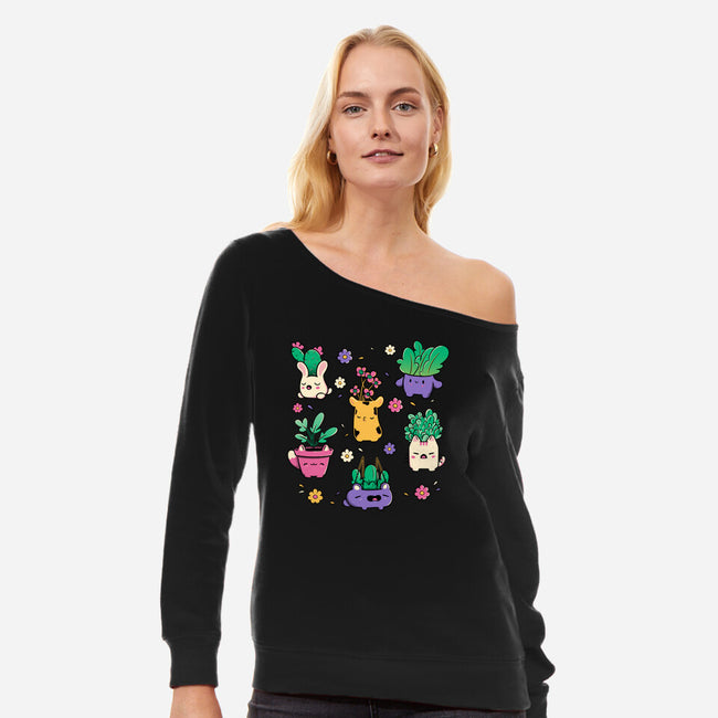 Happy Plants Kawaii-Womens-Off Shoulder-Sweatshirt-tobefonseca