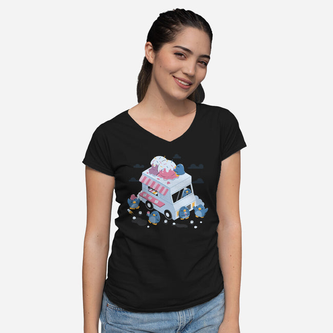 Frozen Truck Kawaii Penguins-Womens-V-Neck-Tee-tobefonseca