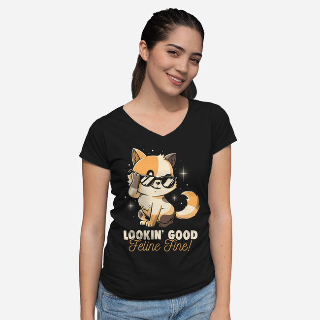 Feline Fine-Womens-V-Neck-Tee-koalastudio