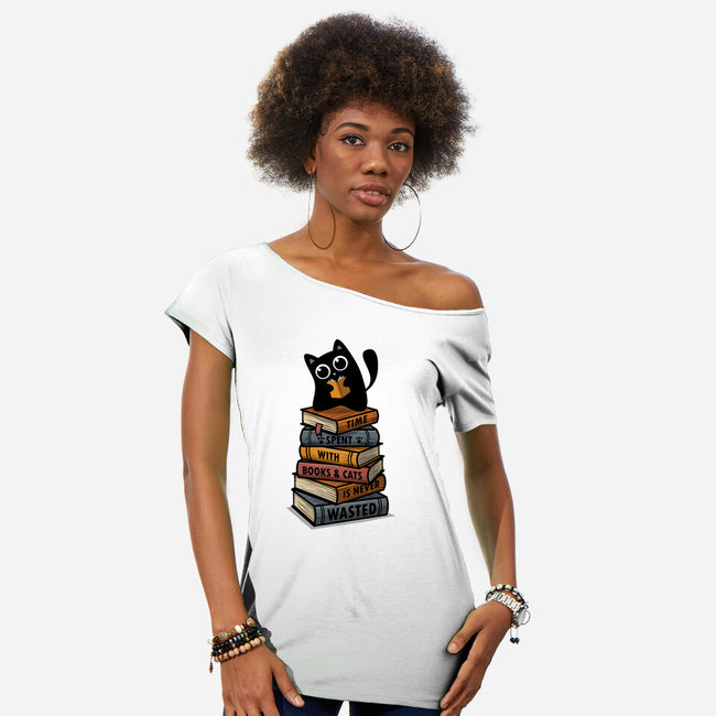 Time Spent With Books And Cats-Womens-Off Shoulder-Tee-erion_designs