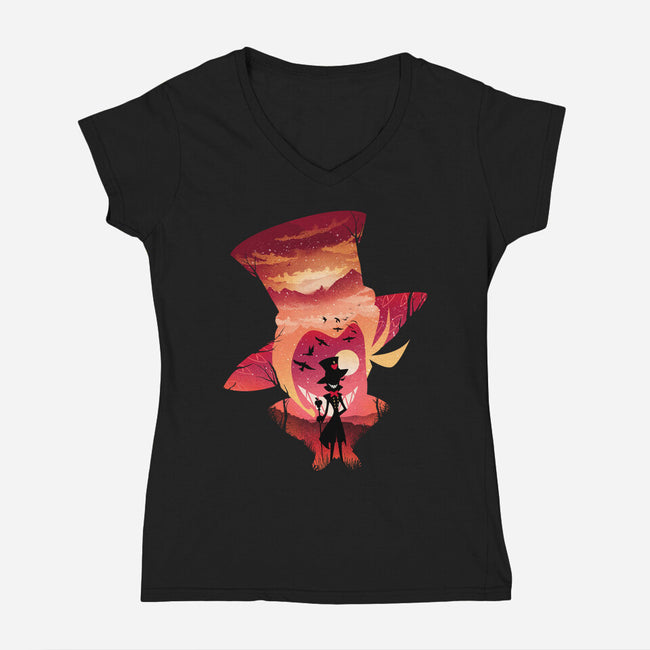 Lucifer Sunset-Womens-V-Neck-Tee-dandingeroz