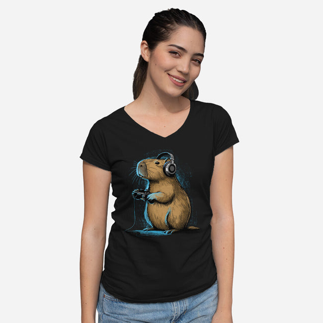 Capy-Gamer-Womens-V-Neck-Tee-GoshWow