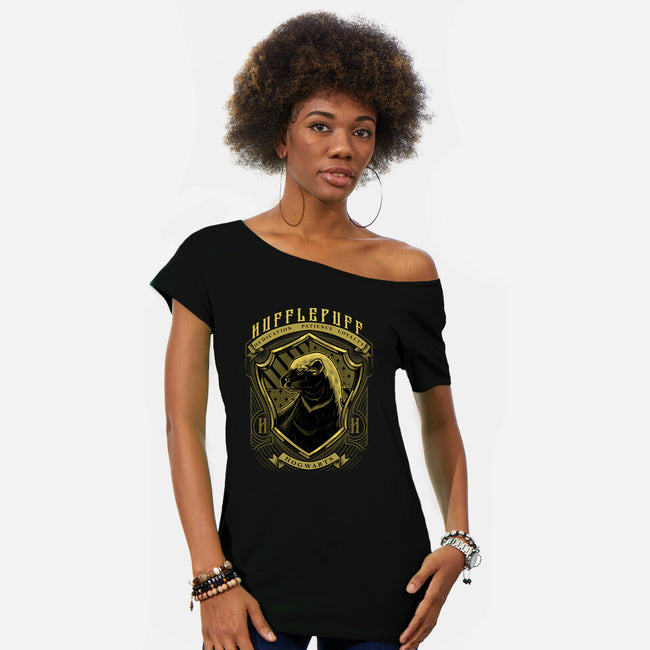 Yellow Badger Emblem-Womens-Off Shoulder-Tee-Astrobot Invention