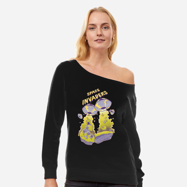 Space Invaders-Womens-Off Shoulder-Sweatshirt-Under Flame