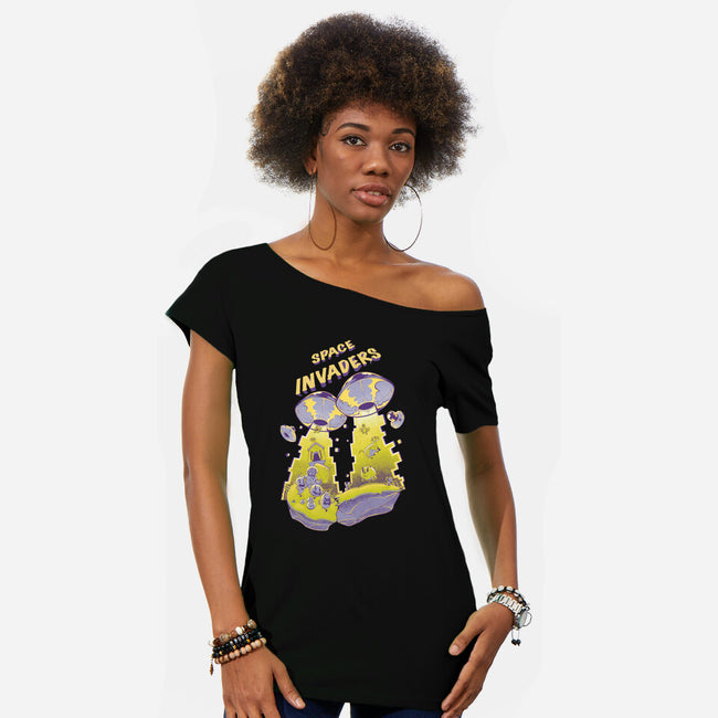 Space Invaders-Womens-Off Shoulder-Tee-Under Flame