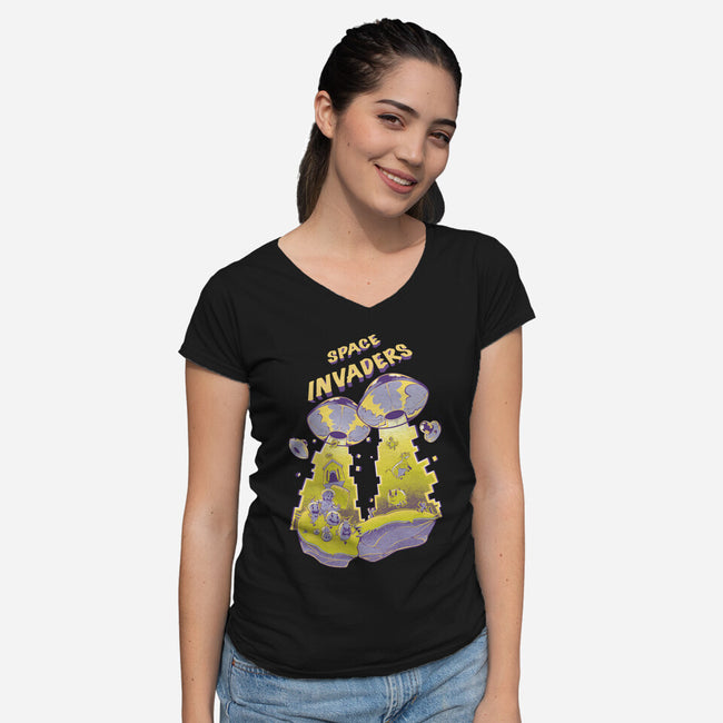 Space Invaders-Womens-V-Neck-Tee-Under Flame