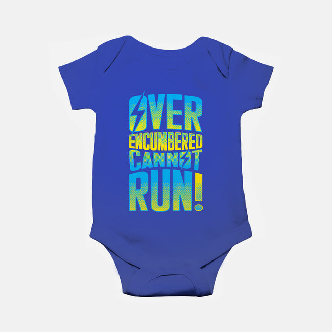 Overencumbered Cannot Run-Baby-Basic-Onesie-rocketman_art