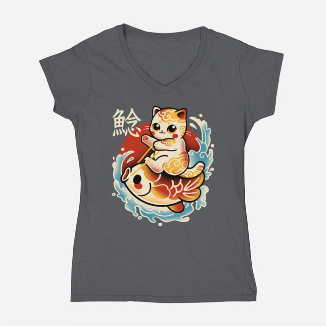 Neko Koi Fish Red Sun-Womens-V-Neck-Tee-NemiMakeit