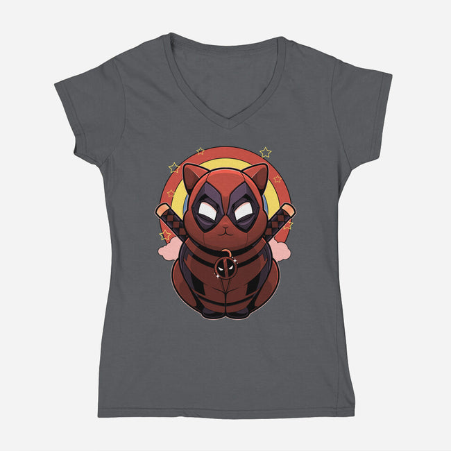 Red Cat Mutant-Womens-V-Neck-Tee-Astrobot Invention