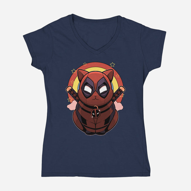 Red Cat Mutant-Womens-V-Neck-Tee-Astrobot Invention