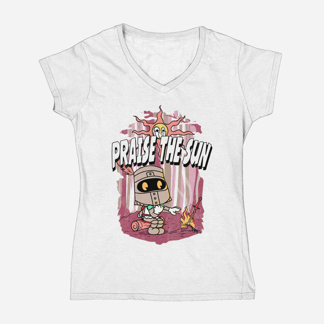 Praise The Sun Retro-Womens-V-Neck-Tee-Donnie