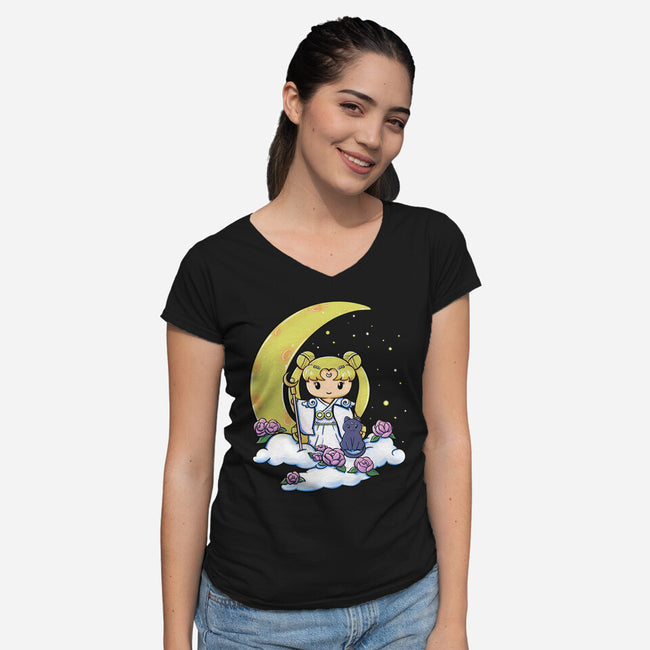 Kokeshi Moon Princess-Womens-V-Neck-Tee-ellr