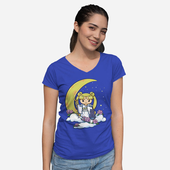 Kokeshi Moon Princess-Womens-V-Neck-Tee-ellr