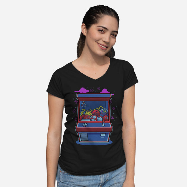 Retro Games Claw Machine-Womens-V-Neck-Tee-Astrobot Invention