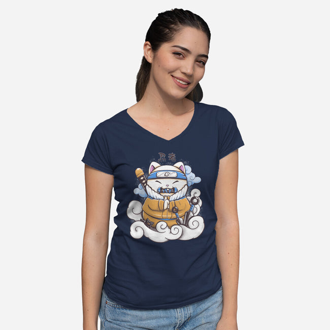 Ninja Maneki Neko-Womens-V-Neck-Tee-ellr