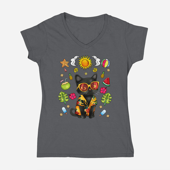 Summer Black Cat-Womens-V-Neck-Tee-JamesQJO